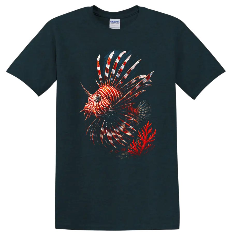 Red Lionfish Zebra Fish T Shirt Colorful Ocean Reef Graphic - Midnight (Green)