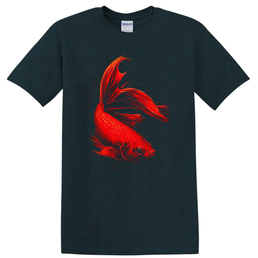 Fiery Red Betta Fish Art Graphic T Shirt for Fish Lovers - Midnight (Green)