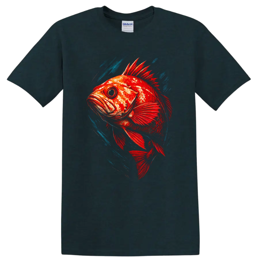 Vibrant Red Fish Art T Shirt with Blue Splash Motion Design - Midnight (Green)