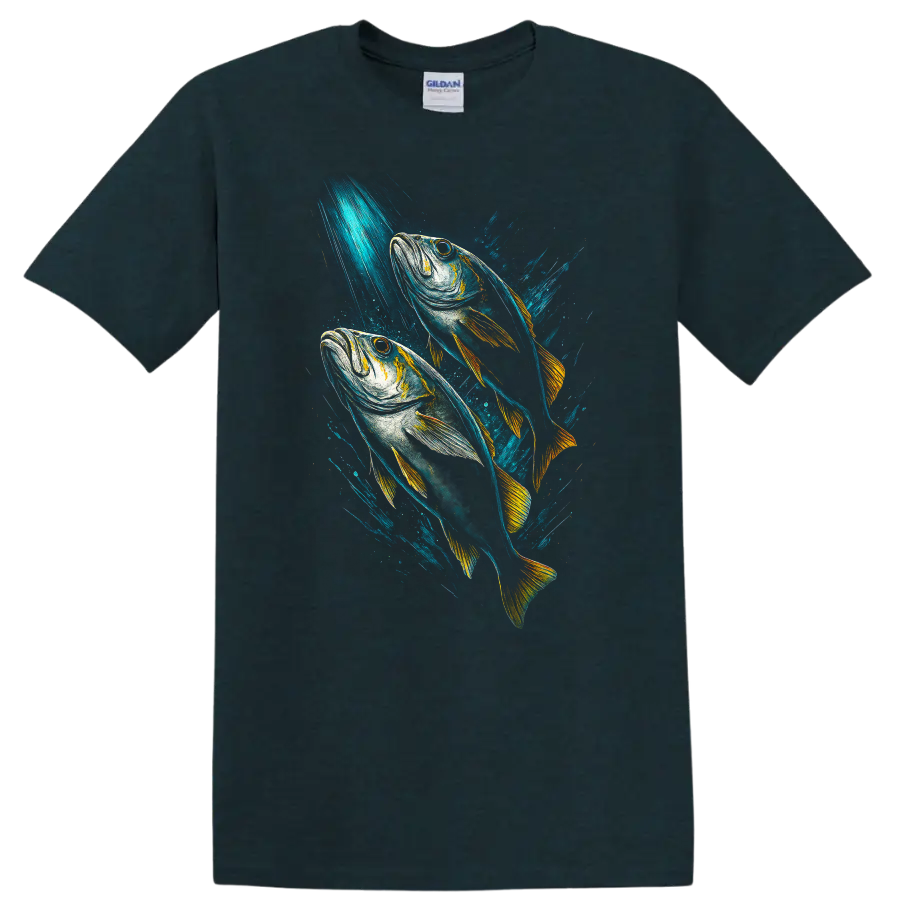 Colorful Fish Duo Splash Art T Shirt for Ocean and Angler Style - Midnight (Green)