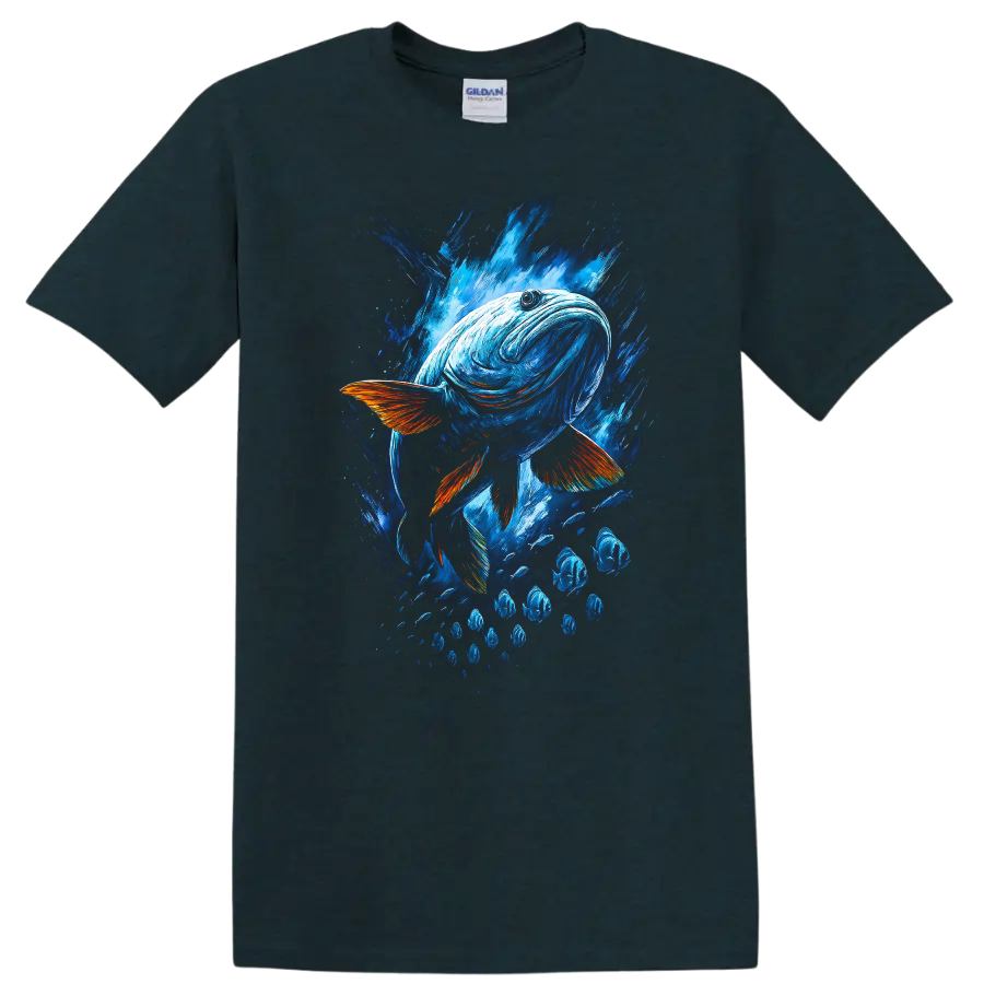Abstract Blue Fish Splash Art T Shirt for Ocean Lovers and Anglers - Midnight (Green)