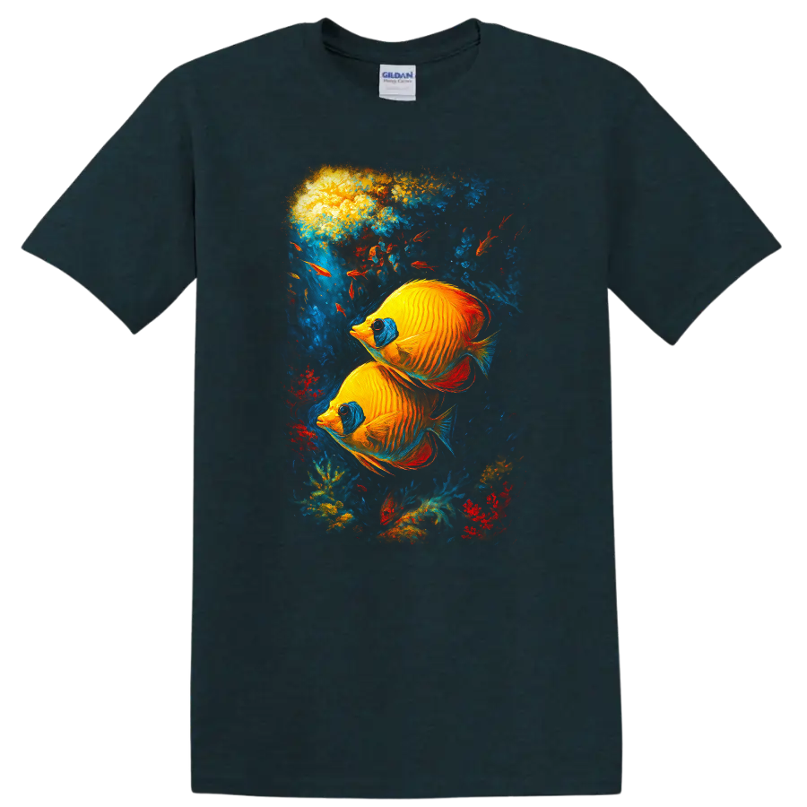 Vibrant Tropical Fish Art T Shirt Colorful Underwater Aquarium Design - Midnight (Green)