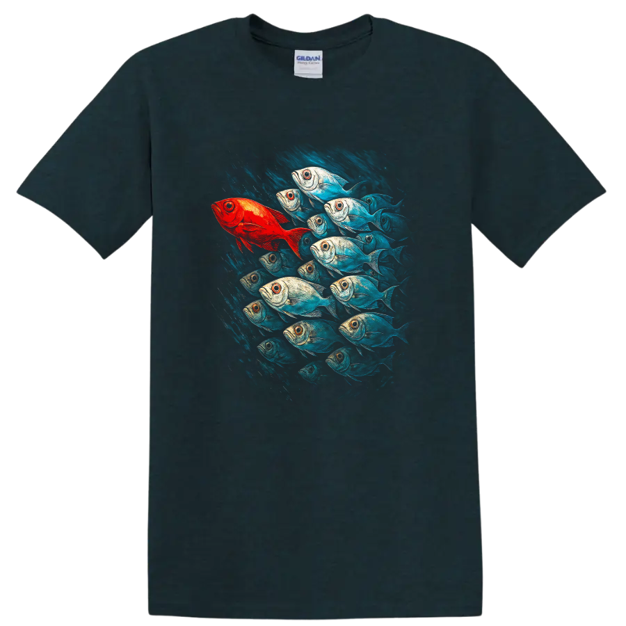 Vibrant Schooling Fish Art T Shirt Colorful Ocean Wildlife Design - Midnight (Green)