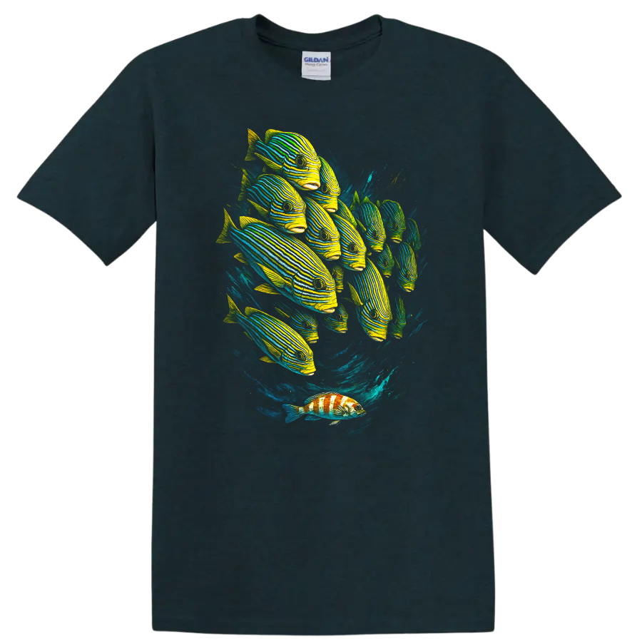 Neon Striped Fish School Ocean Art T Shirt for Marine Life Lovers - Midnight (Green)