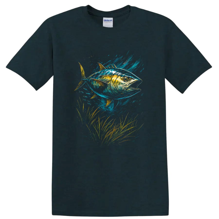 Colorful Tuna Fish Art T Shirt, Vibrant Ocean Wildlife Graphic - Midnight (Green)