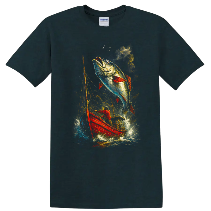 Leaping Fish Fishing Boat Art Gildan 5000 T Shirt for Anglers - Midnight (Green)