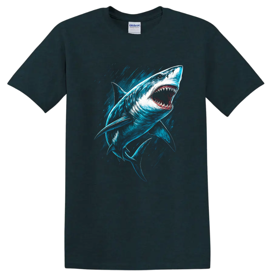 Aggressive Great White Shark Splash Art Fish T Shirt for Ocean Lovers - Midnight (Green)