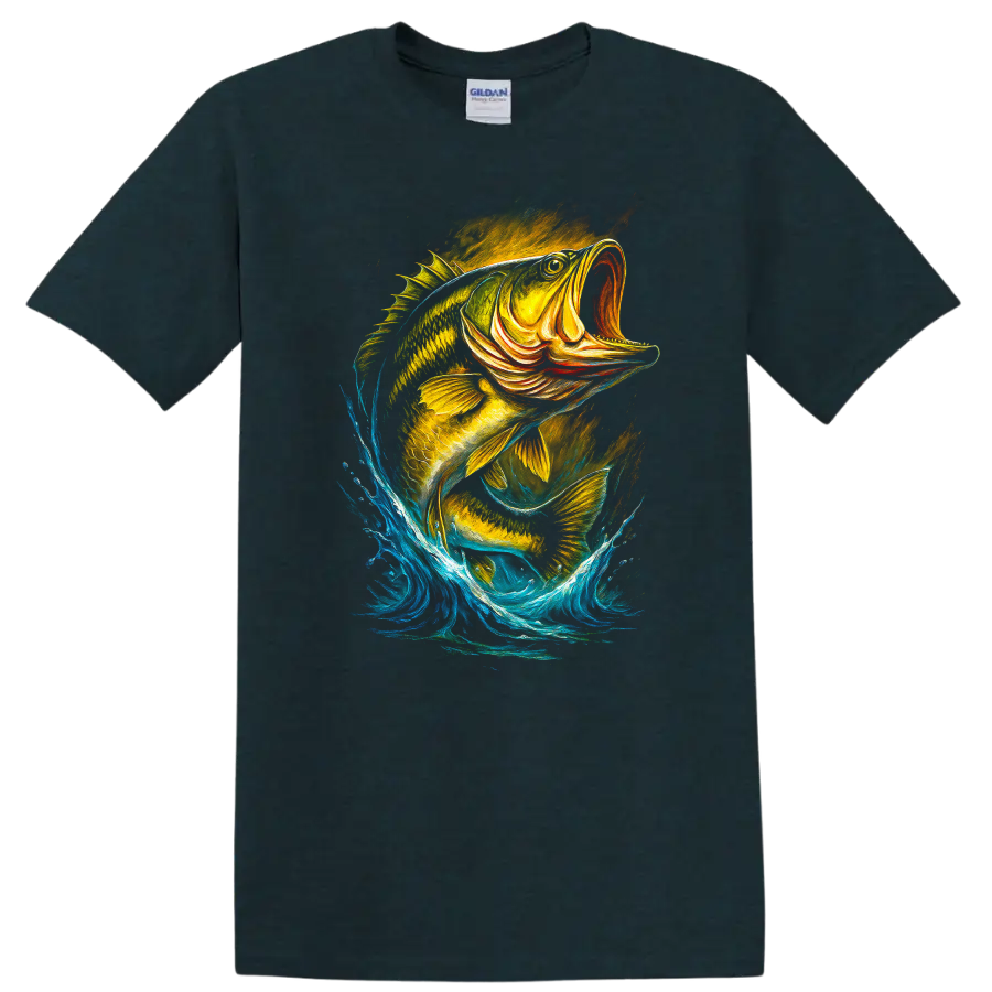 Colorful Jumping Fish Splash Art T Shirt for Anglers and Nature Lovers - Midnight (Green)