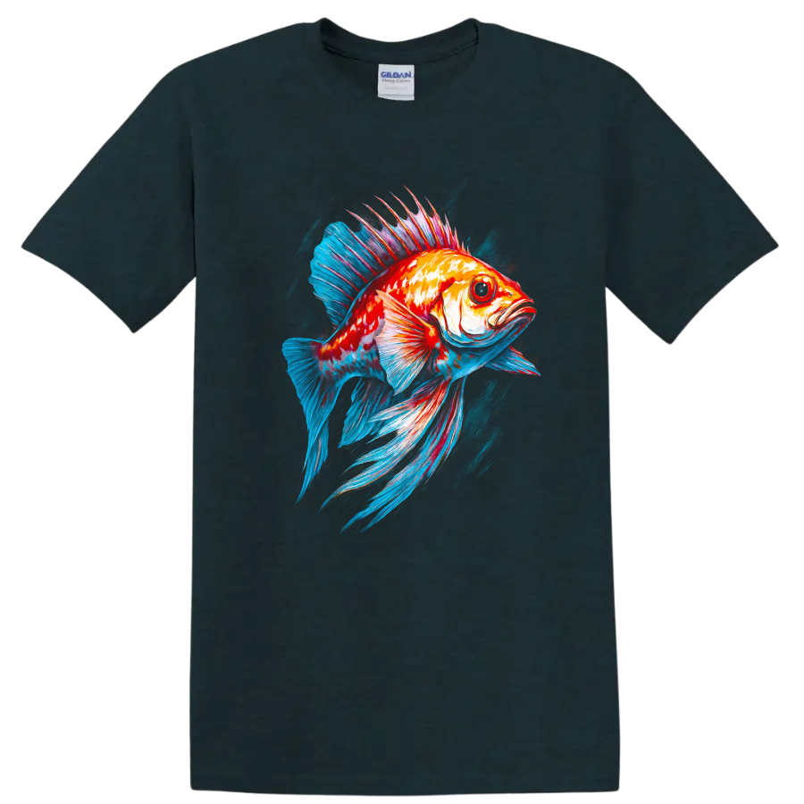 Neon Colorful Fish Art T Shirt Vibrant Ocean Creature Graphic Tee - Midnight (Green)