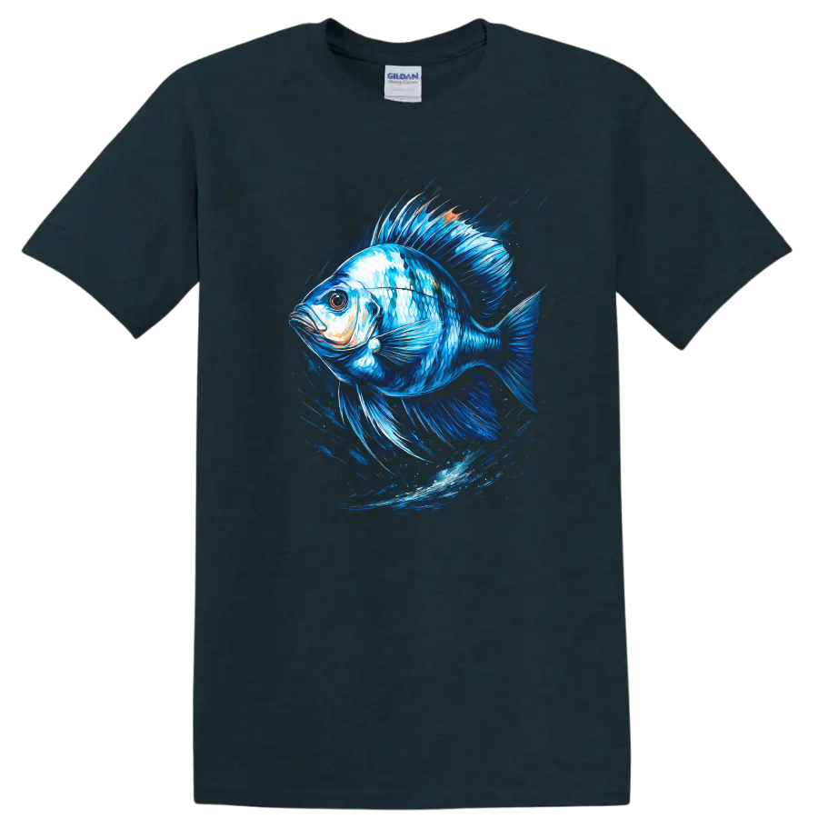Blue Fish Splash Art T Shirt Vibrant Ocean Animal Graphic for Anglers - Midnight (Green)