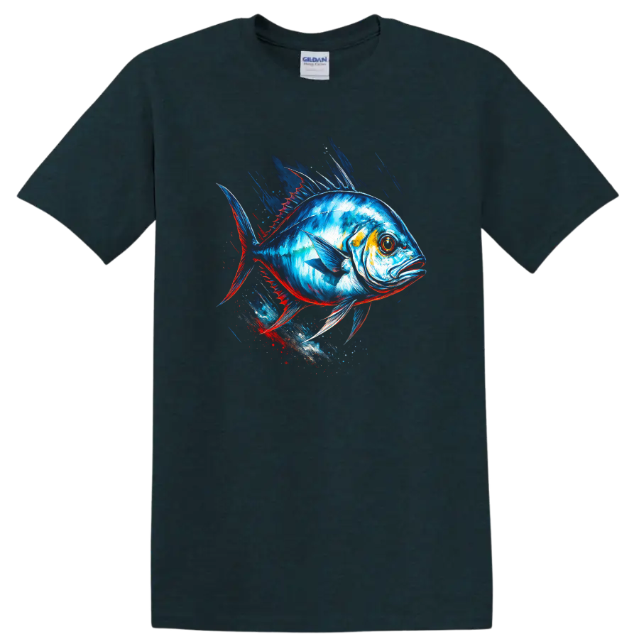 Vibrant Blue Fish Splash Art T Shirt for Anglers and Ocean Lovers - Midnight (Green)