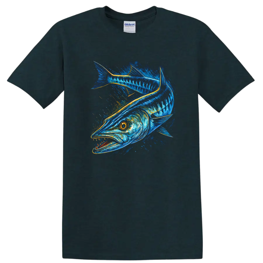 Blue Fish Art T Shirt Vibrant Ocean Wildlife Angler Graphic - Midnight (Green)