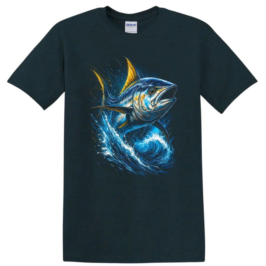 Blue Tuna Fish Splash Art T Shirt For Anglers and Ocean Lovers - Midnight (Green)