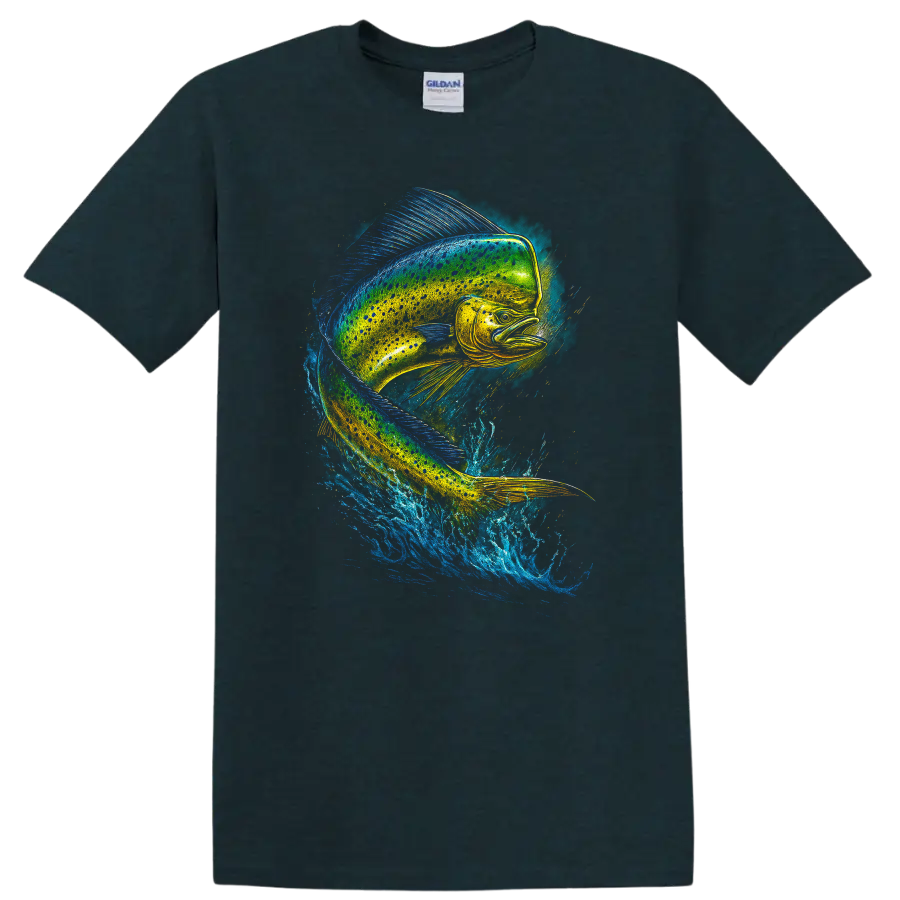 Vibrant Fish Splash Art T Shirt Colorful Jumping Fish Design - Midnight (Green)