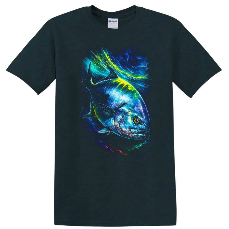Vibrant Blue Fish Neon Ocean Art T Shirt for Anglers and Nature Lovers - Midnight (Green)