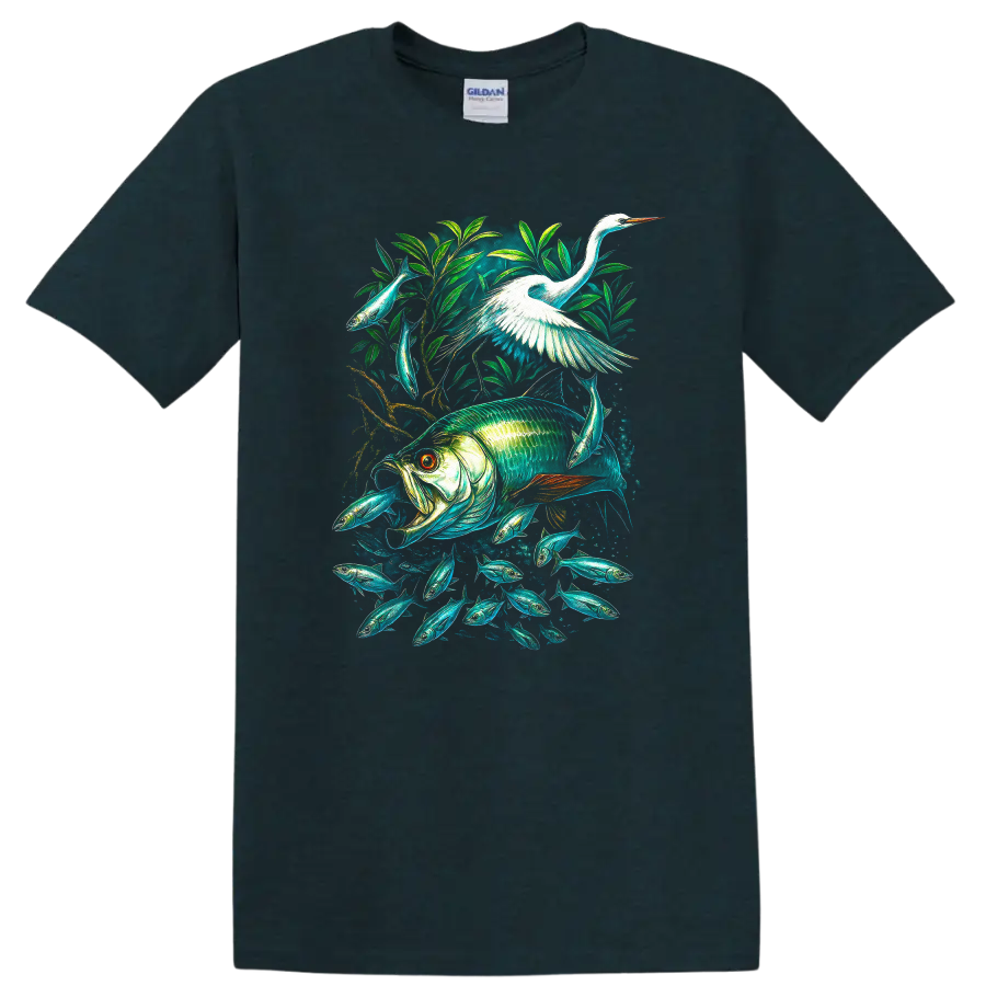 Colorful Fish and Heron Nature Aquarium T Shirt - Midnight (Green)