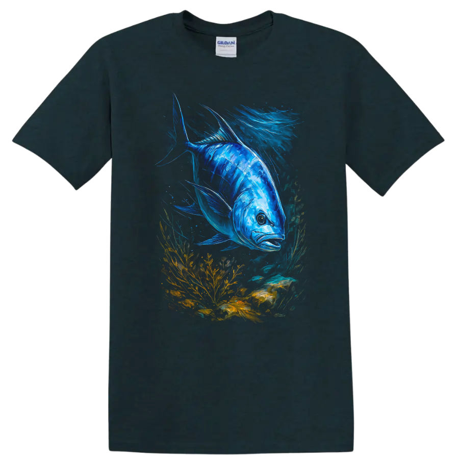 Blue Fish Underwater Art T Shirt Vibrant Ocean Life Graphic Tee - Midnight (Green)