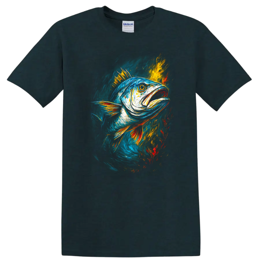 Vibrant Painted Fish Art T Shirt Colorful Ocean Wildlife Design - Midnight (Green)