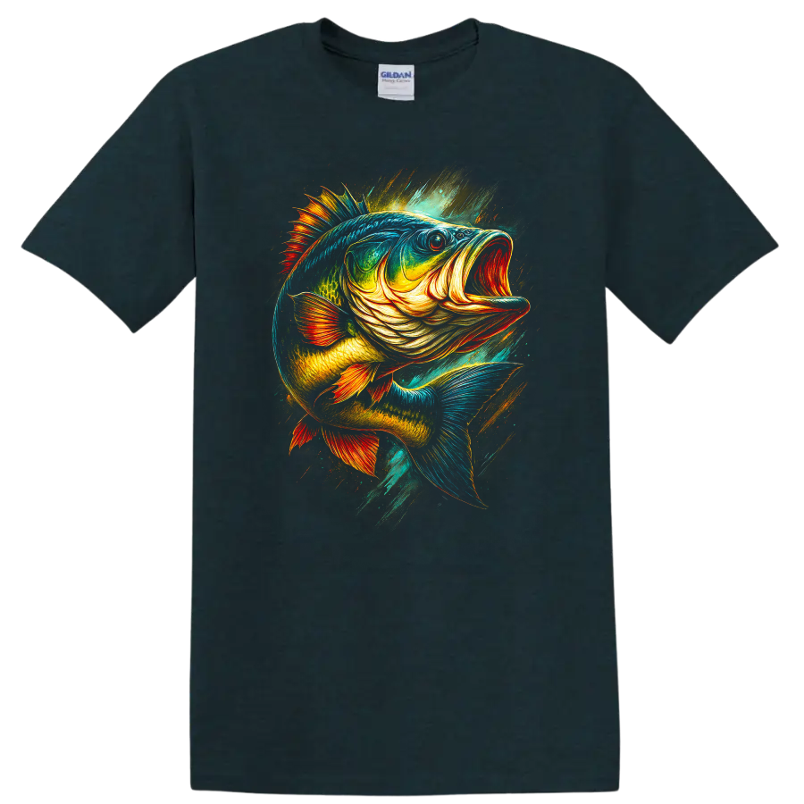 Colorful Largemouth Bass Fish Art T Shirt for Anglers and Outdoors - Midnight (Green)