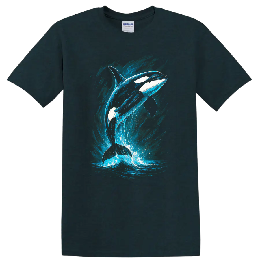 Orca Whale Blue Ocean Splash Fish Art T Shirt for Nature Lovers - Midnight (Green)