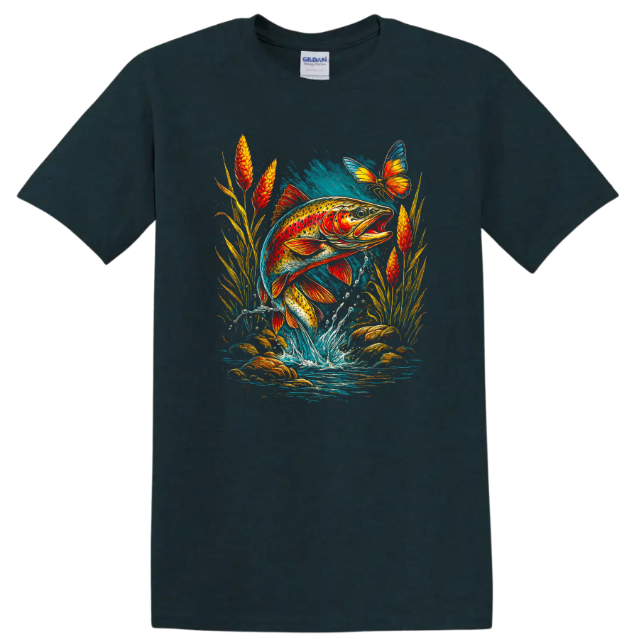 Colorful Fish Jumping Water Art T Shirt with Butterfly Nature Design - Midnight (Green)