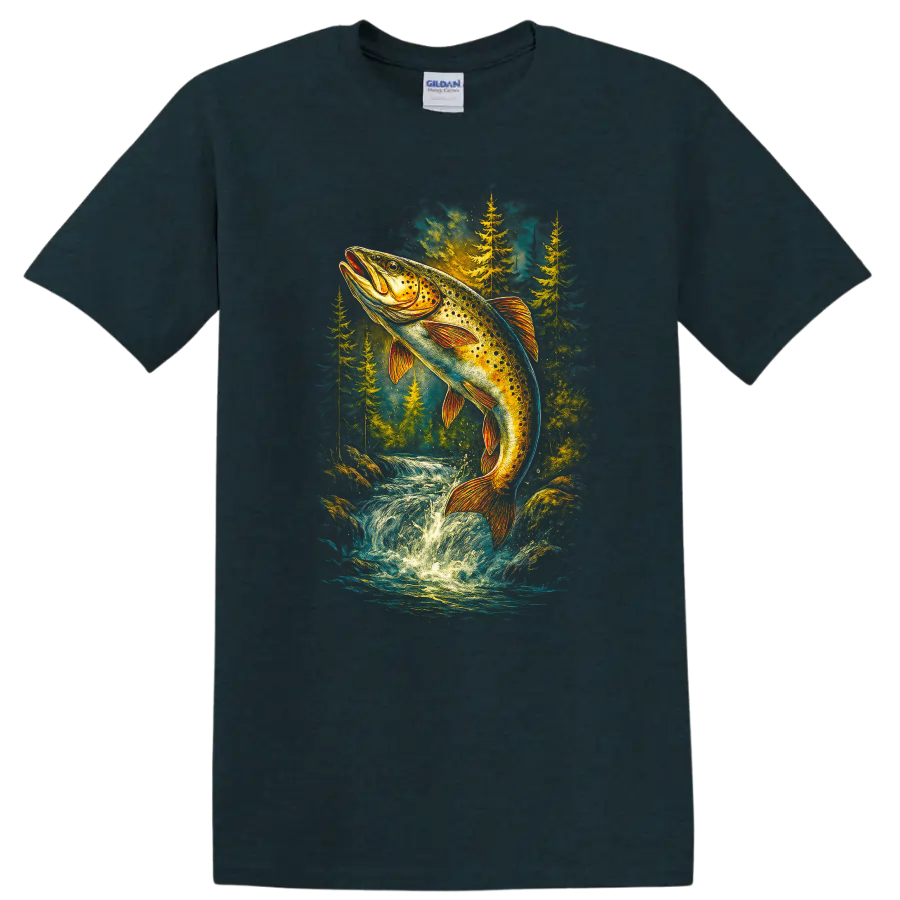 Colorful Trout Jumping River Wildlife Fishing T Shirt for Anglers - Midnight (Green)