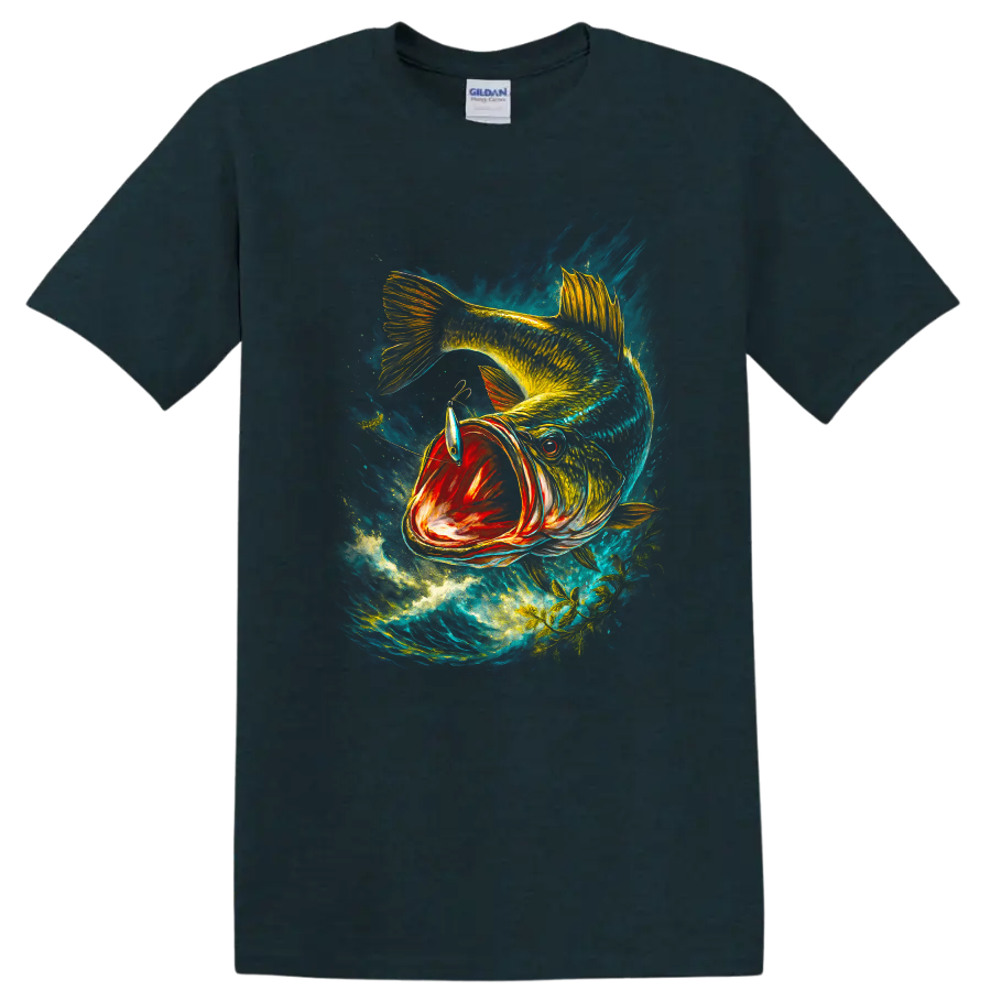 Colorful Bass Fish Splash Art T Shirt for Anglers and Fishing Lovers - Midnight (Green)