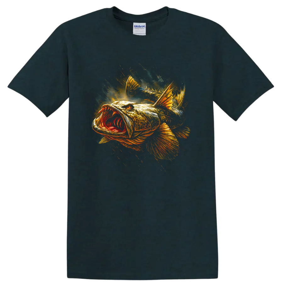 Aggressive Bass Fish Art T Shirt Bold Angler Graphic for Fishermen - Midnight (Green)