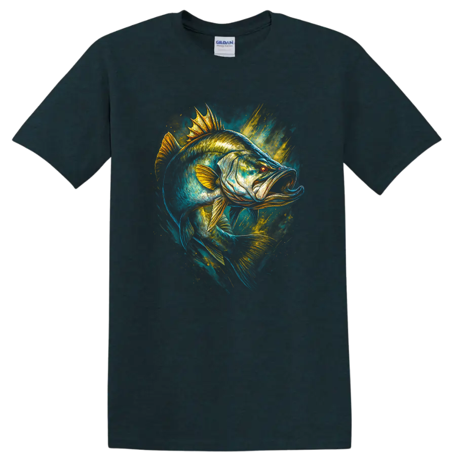 Electric Bass Fish Artwork T Shirt, Vibrant Angler Style Graphic Tee - Midnight (Green)