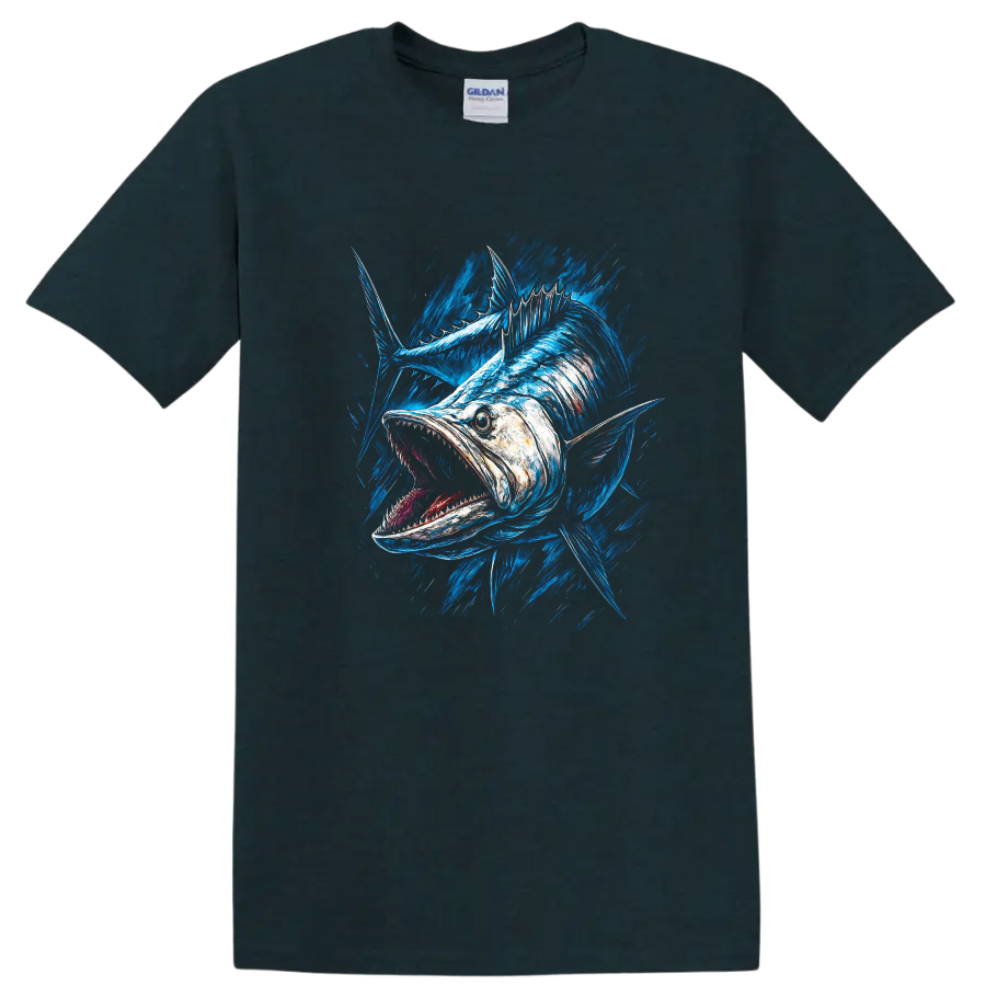 Aggressive Blue Fish Splash Art T Shirt for Anglers and Ocean Lovers - Midnight (Green)