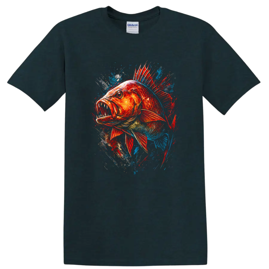 Colorful Aggressive Fish Splash Art T Shirt for Anglers and Ocean Fans - Midnight (Green)