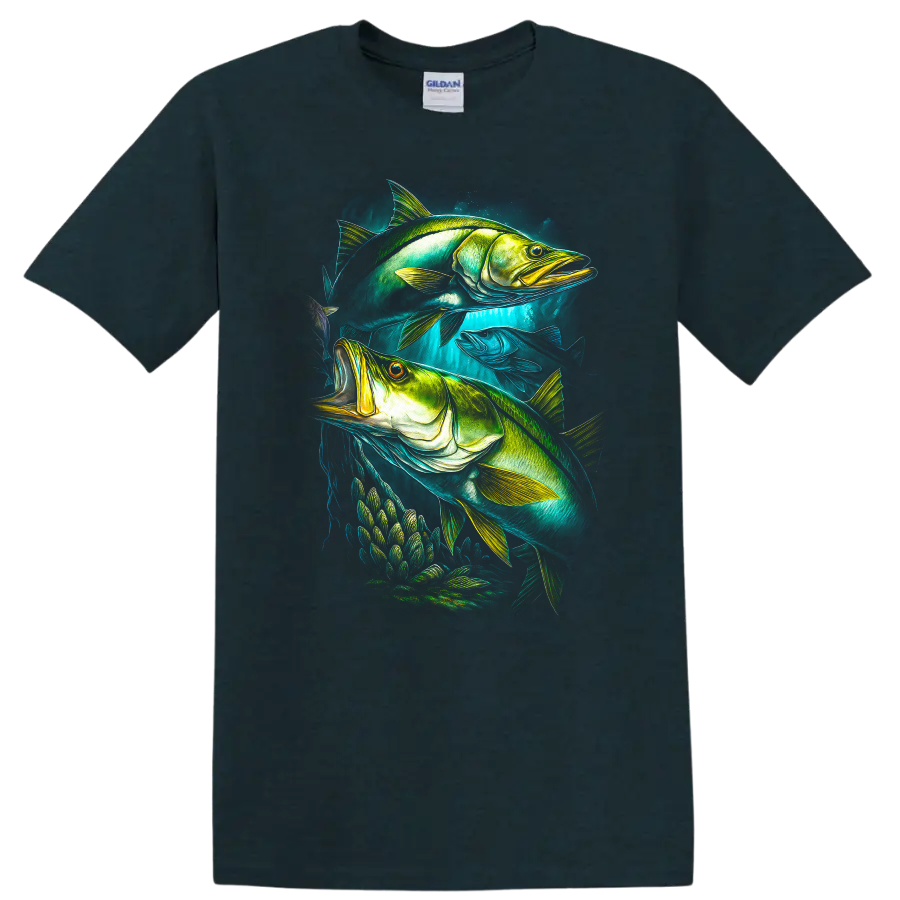 Vibrant Fish Art T Shirt Neon Underwater Fishing Graphic - Midnight (Green)
