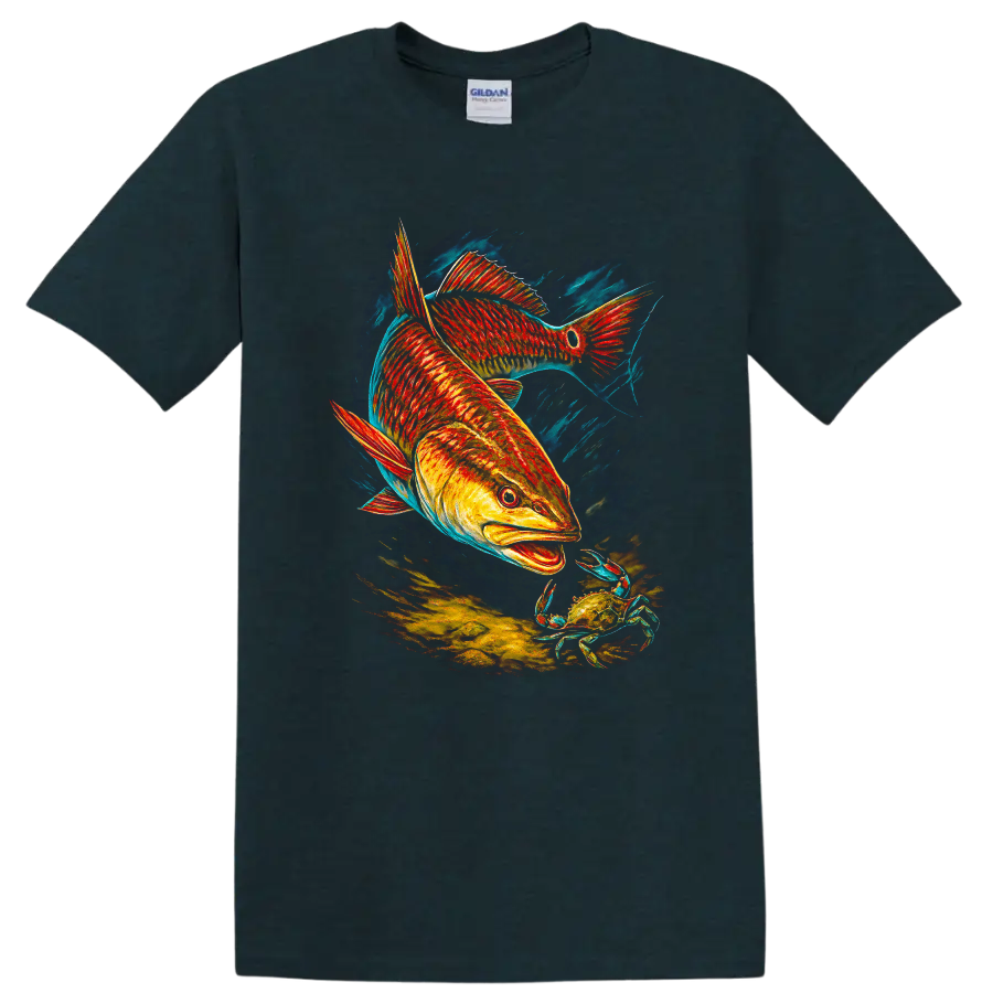 Vibrant Fish and Crab Underwater Art T Shirt for Ocean Lovers - Midnight (Green)