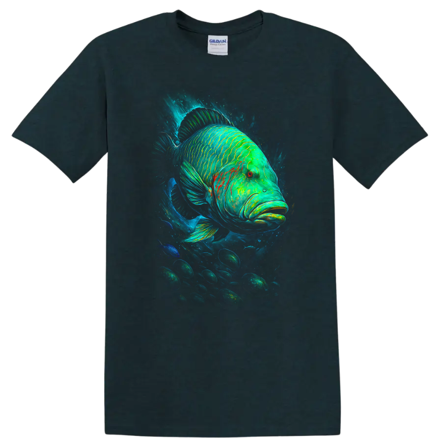 Neon Green Blue Fish Art T Shirt Deep Sea Tropical Wildlife Graphic - Midnight (Green)