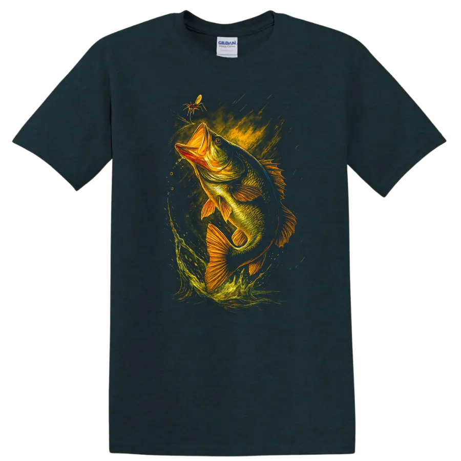 Largemouth Bass Jumping Fish Art T Shirt for Anglers and Fishermen - Midnight (Green)