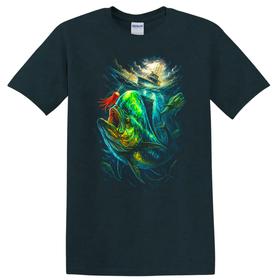 Glowing Fish and Boat Ocean Adventure T Shirt - Midnight (Green)