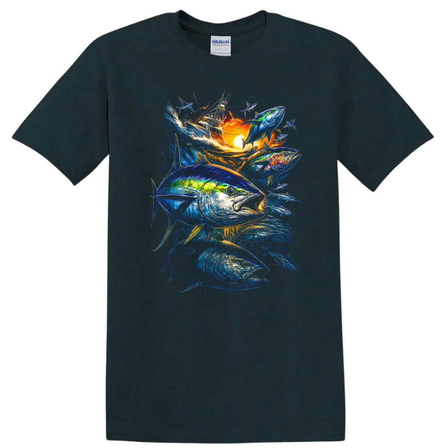 Vibrant Tuna Fishing Boat Fish Art T Shirt for Anglers and Ocean Lovers - Midnight (Green)