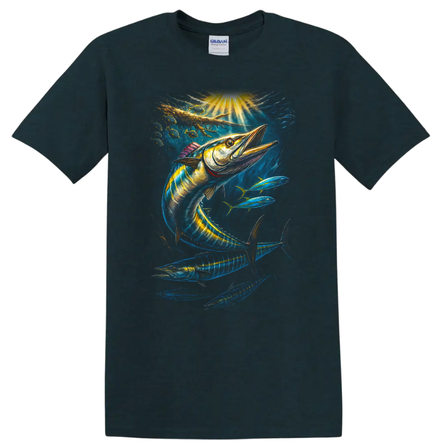 Colorful Barracuda Fish Art T Shirt Deep Sea Ocean Fishing Design - Midnight (Green)
