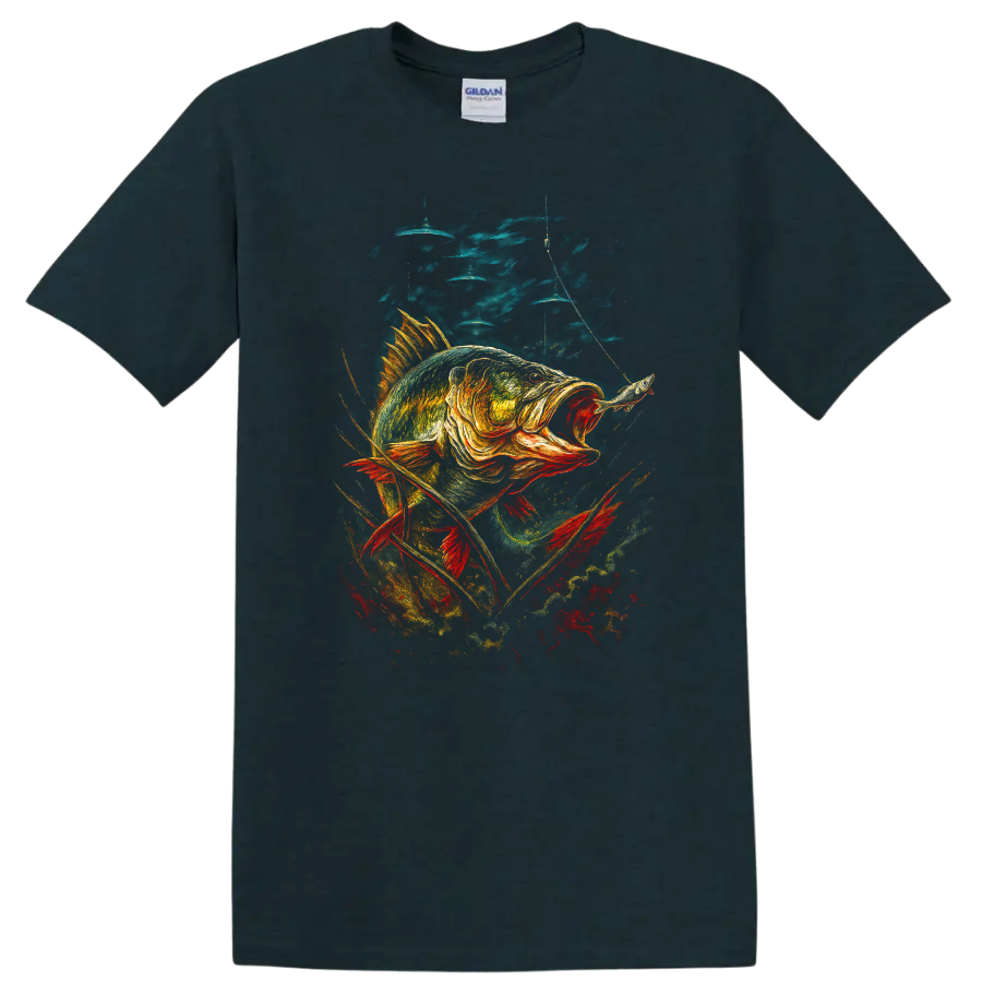 Colorful Bass Fish Angler Art T Shirt for Fishing Lovers - Midnight (Green)