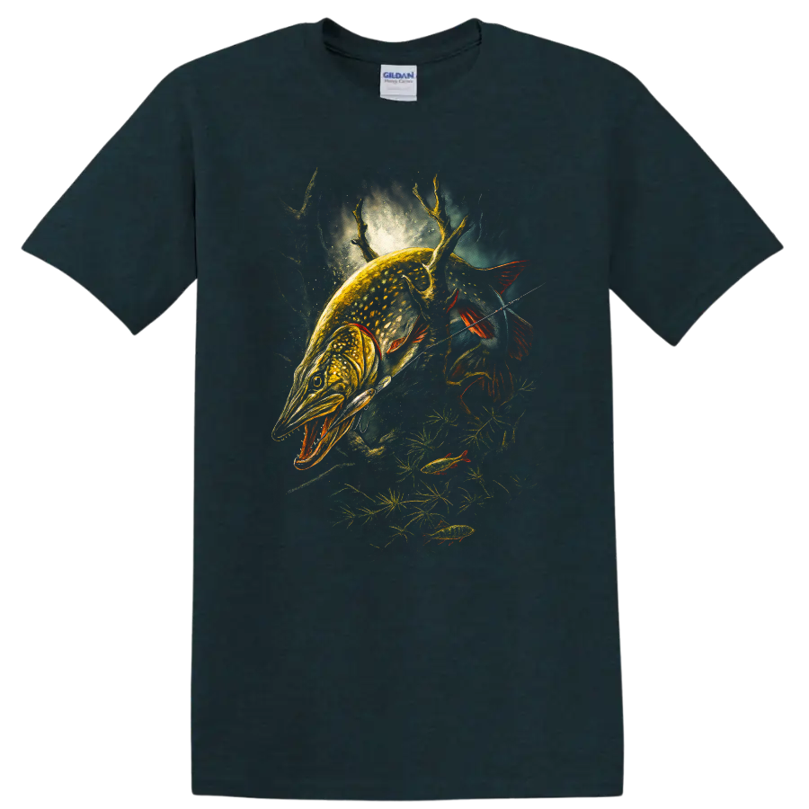 Glowing Pike Fish Hunting Art T Shirt for Anglers and Outdoorsmen - Midnight (Green)