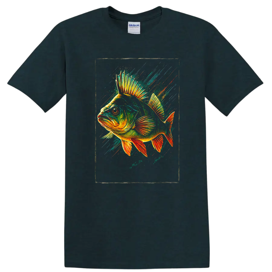 Vibrant Fish Splash Art T Shirt Colorful Neon Fish Design - Midnight (Green)
