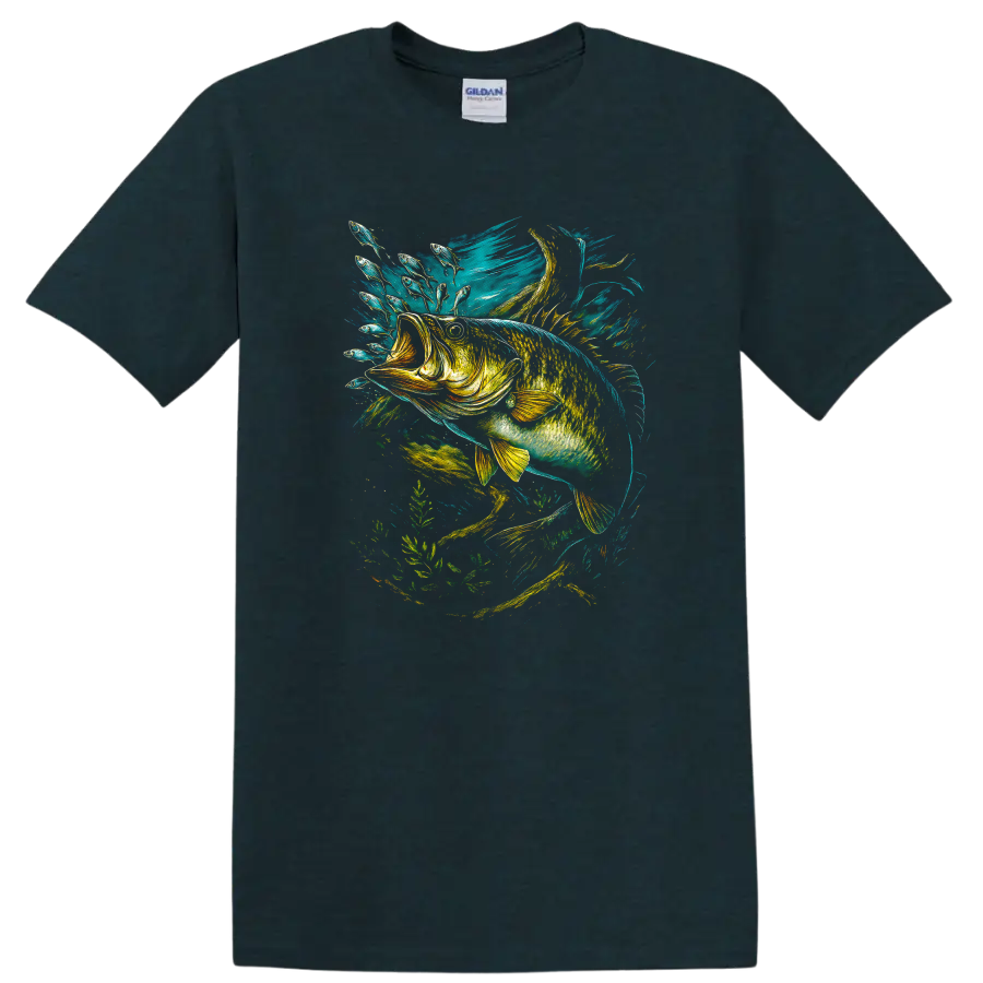 Colorful Fish Splash Art T Shirt, Vibrant Aquatic Bass Graphic - Midnight (Green)