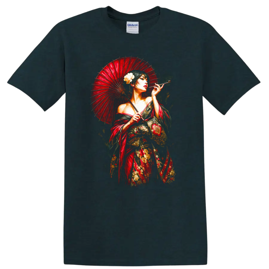 Japanese Geisha with Red Umbrella T Shirt Elegant Floral Art - Midnight (Green)