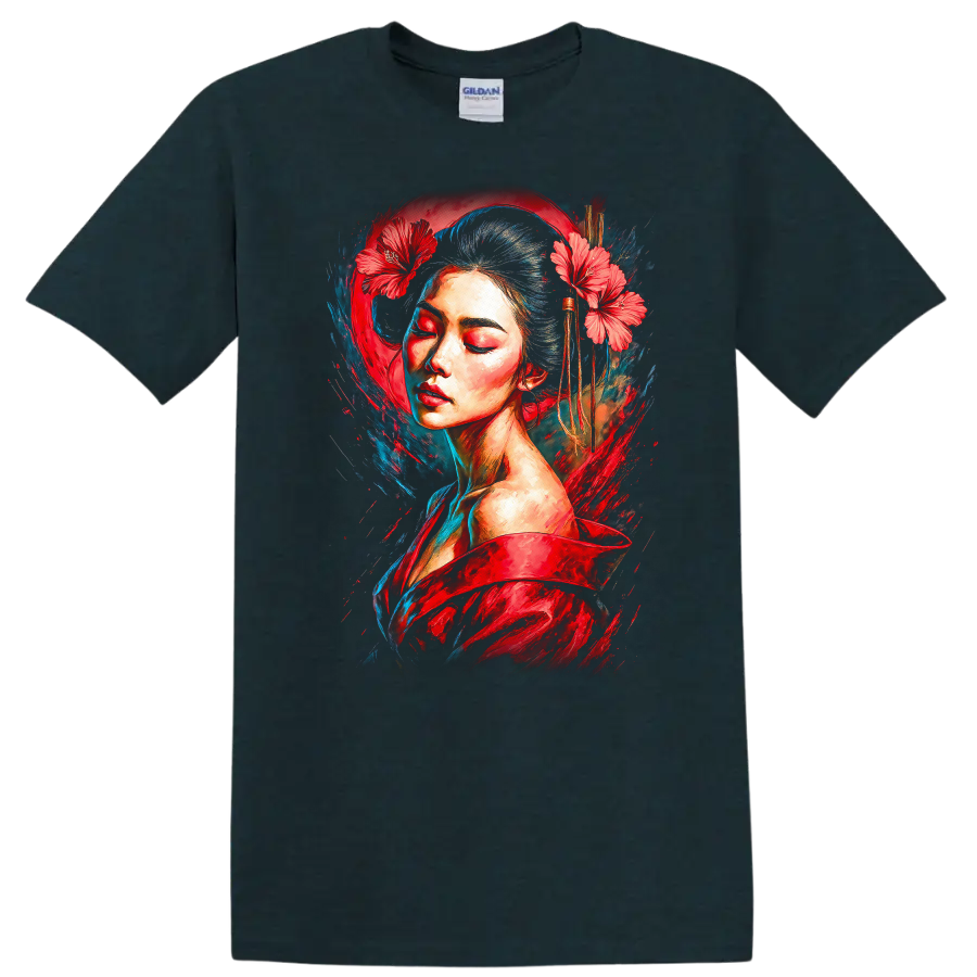 Japanese Style Painted Woman T Shirt with Red Flowers and Blue Brush Art - Midnight (Green)