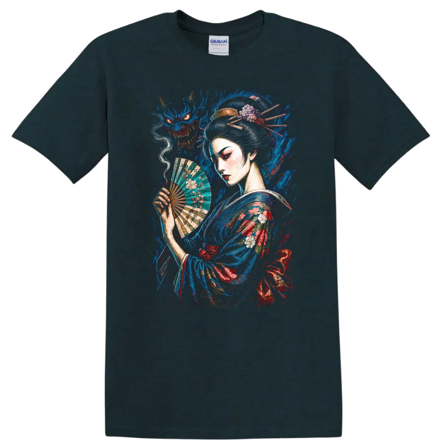 Japanese Geisha with Fan and Dragon Art T Shirt - Midnight (Green)