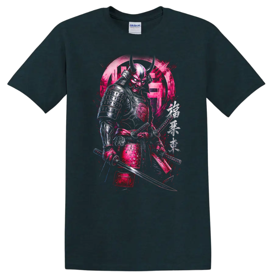 Japanese Style Samurai Oni Warrior T Shirt Bold Neon Pink Armor - Midnight (Green)