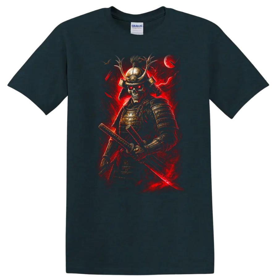 Japanese Samurai Skeleton Warrior T Shirt Red Armor Katana Art - Midnight (Green)