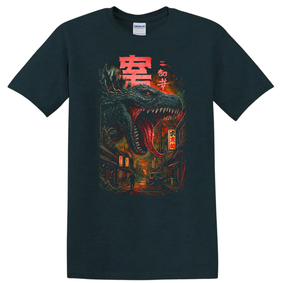 Japanese Style Dragon Monster T Shirt Fierce Anime Street Art Design - Midnight (Green)
