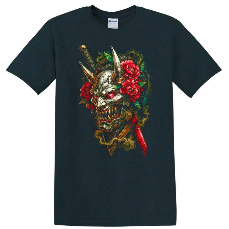 Japanese Oni Demon Mask with Horns and Peonies T Shirt - Midnight (Green)