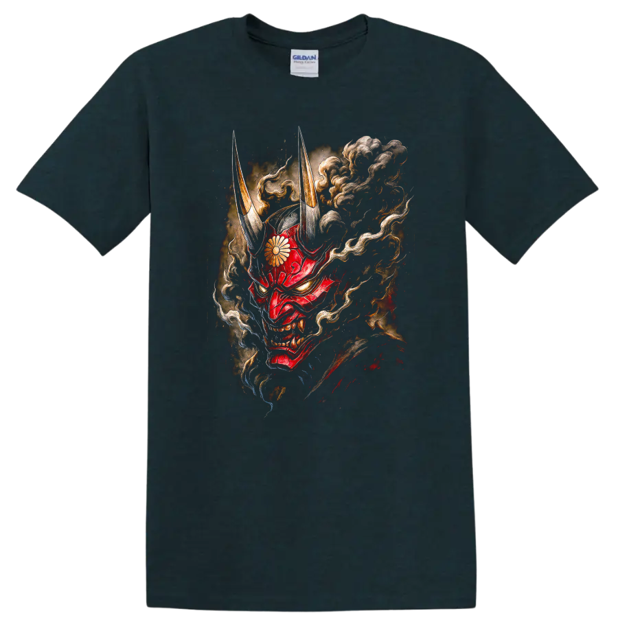 Japanese Oni Mask Red Demon T Shirt with Horns and Smoke - Midnight (Green)